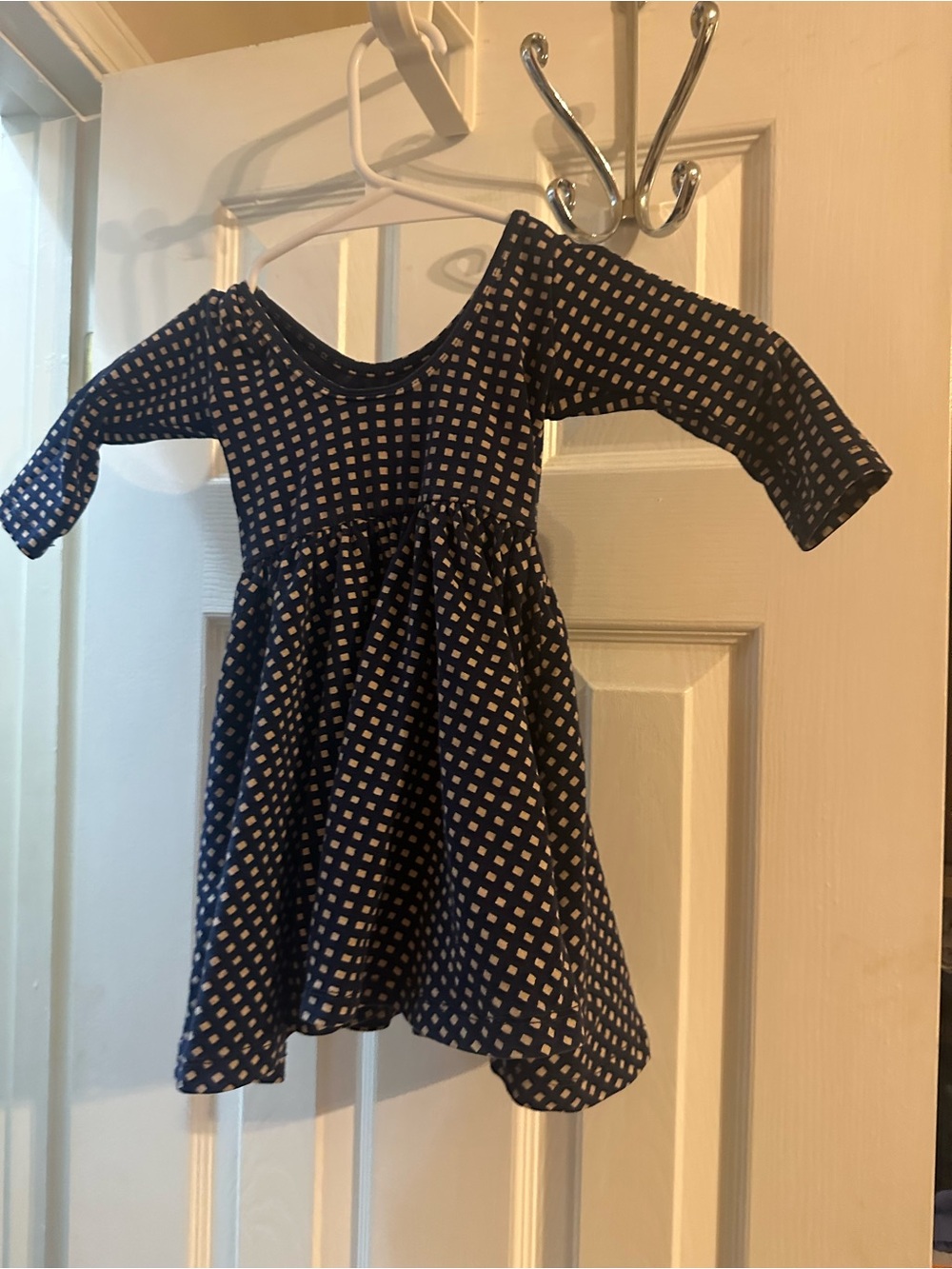 Girls Navy Blue Diamond-Print Long Sleeve Casual Dress
